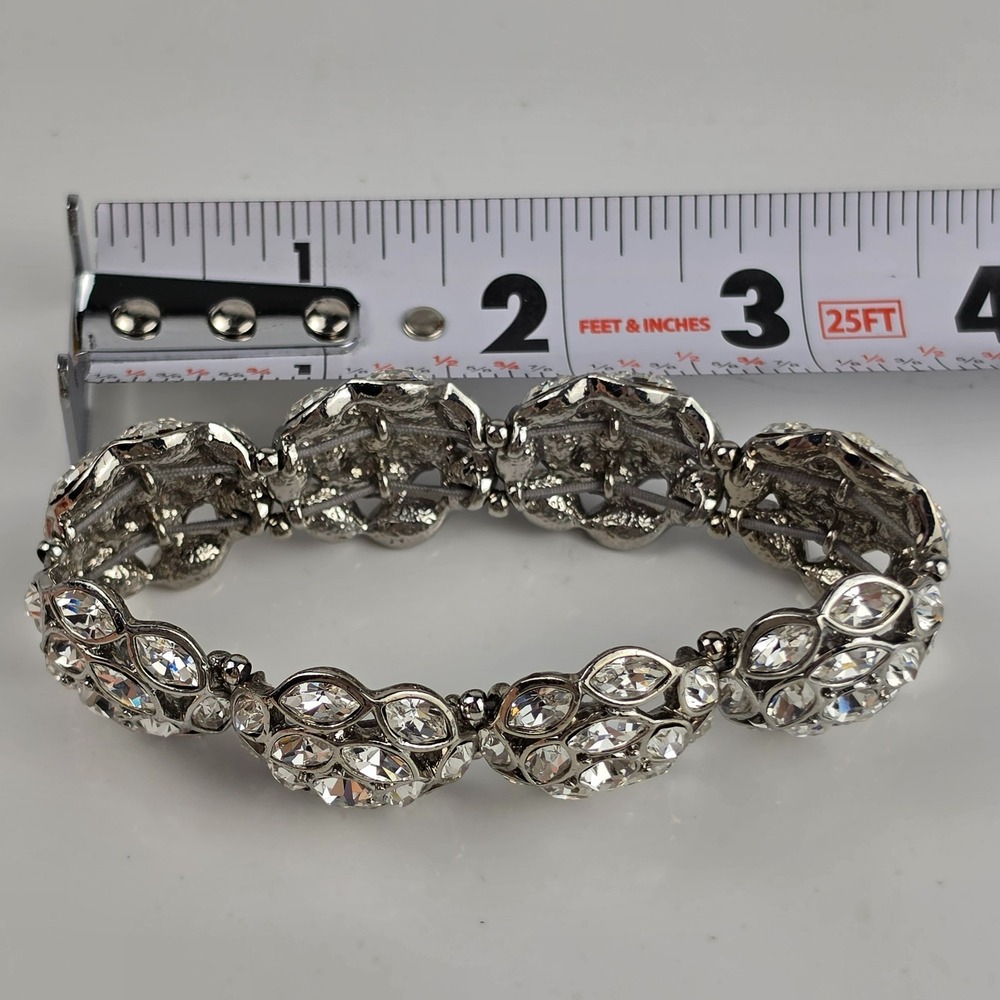 Silver Tone Rhinestone Cluster Stretch Bracelet‎ Domed Statement - Picture 7 of 7